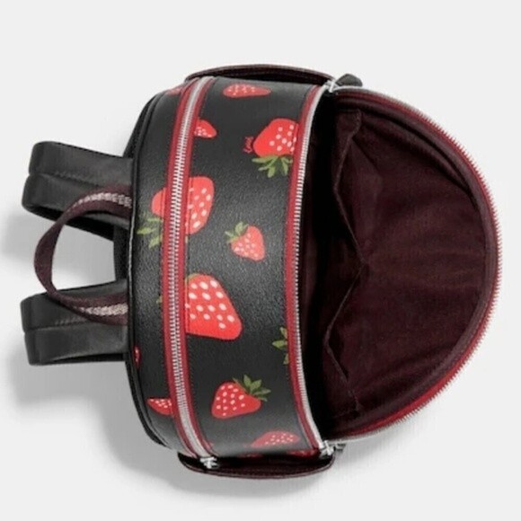 New! Coach Court Backpack Wild Strawberry Print Pebbled Leather Bag - Picture 4 of 15